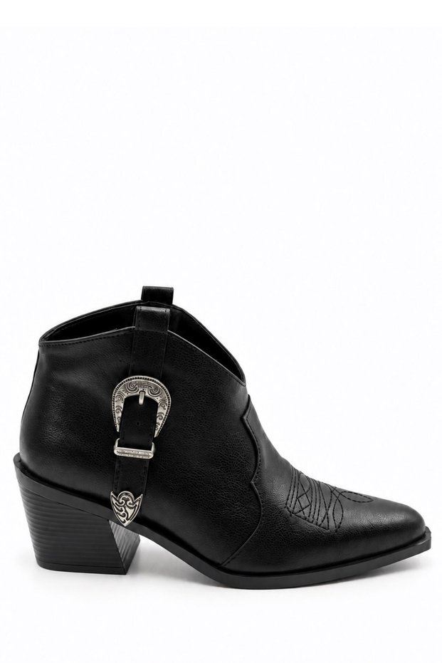 Phlox Women's Black Leather Cowboy Metal Buckle Embroidered Thick Heeled Short Boots 6.5 cm Heel