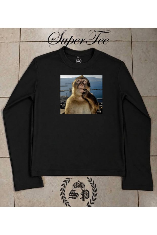 Long Sleeve Thinking Monkey Monkey Memes Series Tee Trend Long-Sleeved T-Shirt
