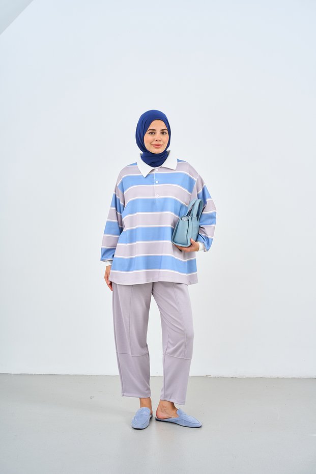 Women's Striped Half-Button Shirt Collar Suit Blue