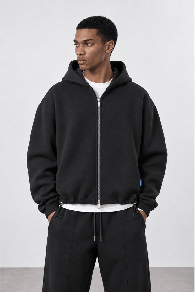 Men's Rubber Detailed Panda Oversize Zip Black