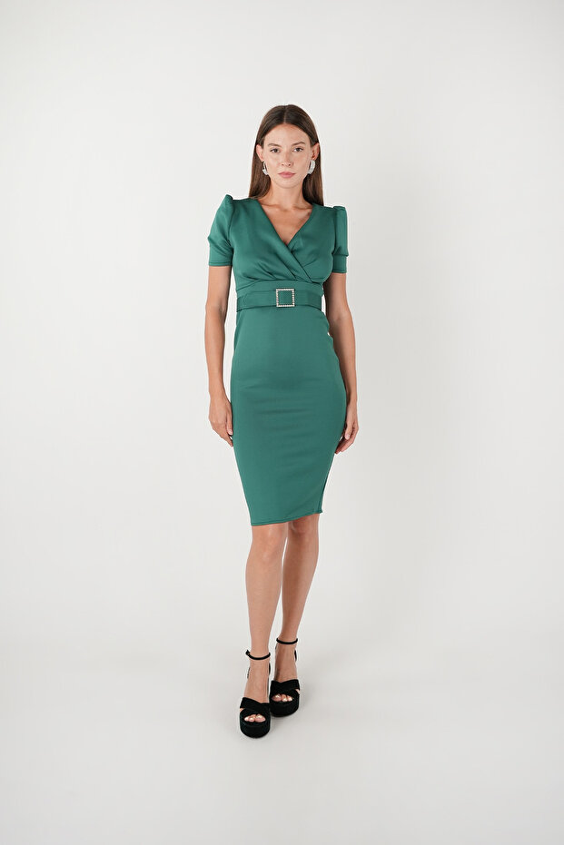 Scuba fabric belt detailed pencil dress - emerald green