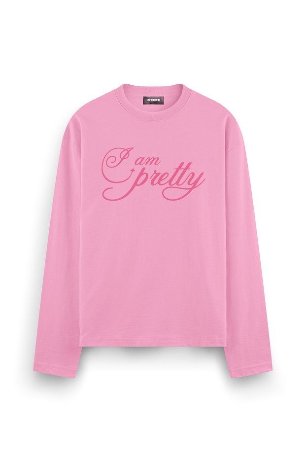 I Am Pretty Printed Long Sleeve Oversize Fit T-Shirt Pink