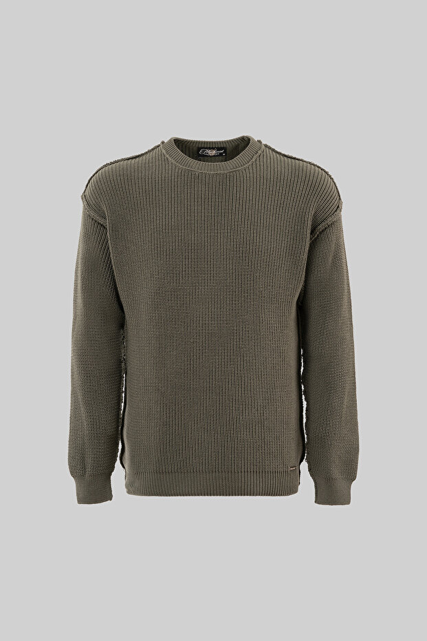 Men's Thessaloniki Knitted Dirty Stitching Crew Neck Oversize Knitwear Khaki