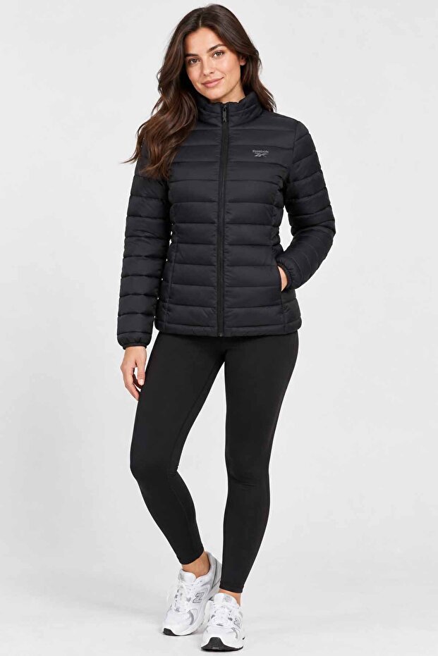 Women's Black Quilted Puffer Coat with Zipper High Collar Sports Casual Coat
