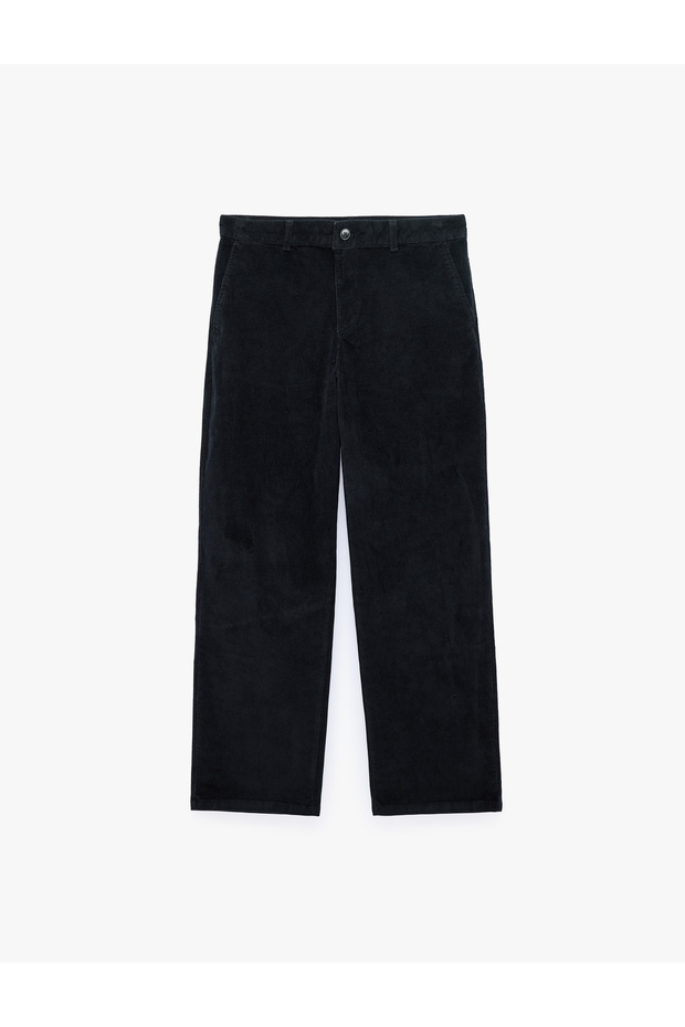 Regular Waist Pocketed Buttoned Cotton Velvet Trousers