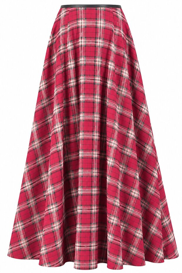 Red Waist Leather Striped Plaid Skirt - 2Y4977
