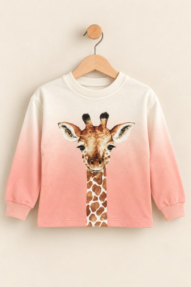 Girl's Giraffe Printed Embroidered Sweatshirt Salmon