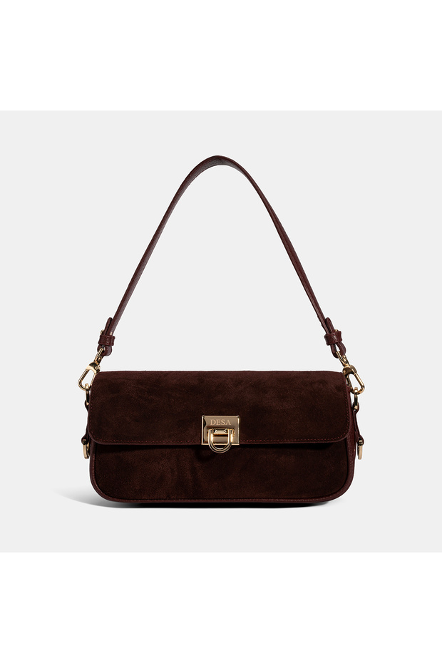 Women's Burgundy Gold Lock Detailed Suede Textured Shoulder Bag