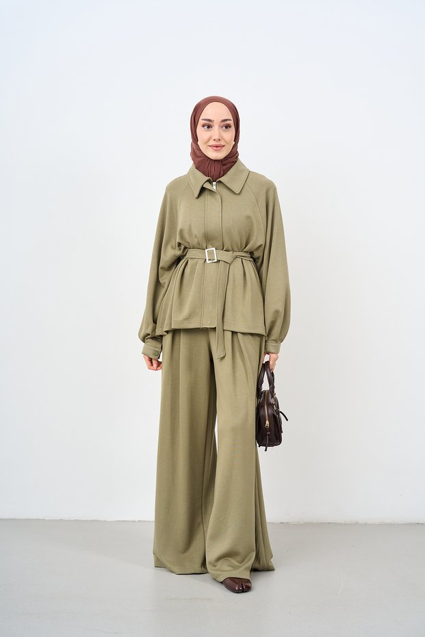 Women's Pleated Detail Hidden Zipper Shirt Collar Suit Green