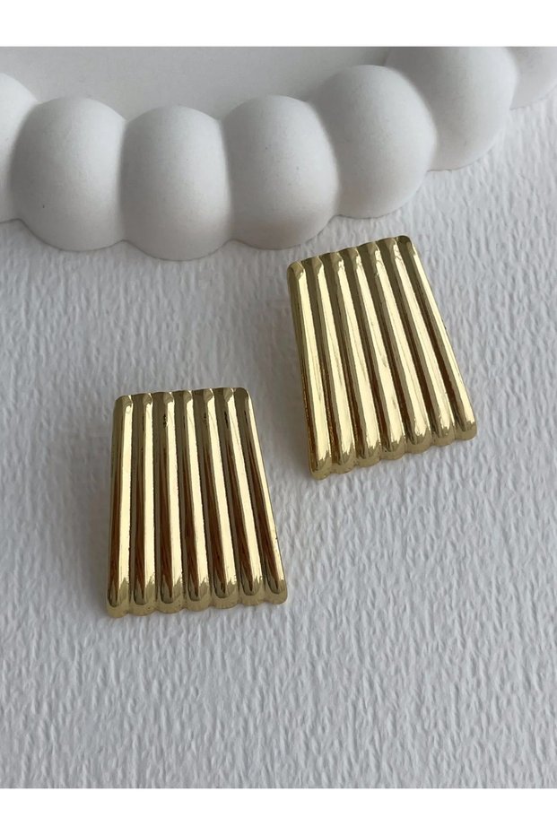 Steel Serrated Rectangular Design Gold Earrings