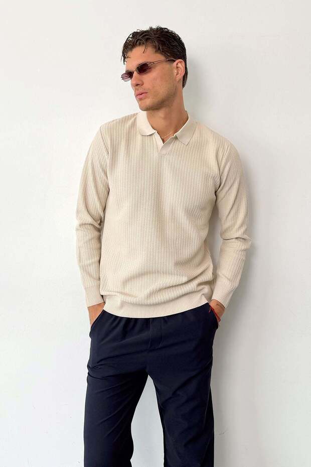 Men's Polo Neck Ribbed Textured Knit Sweater Stone - 27010