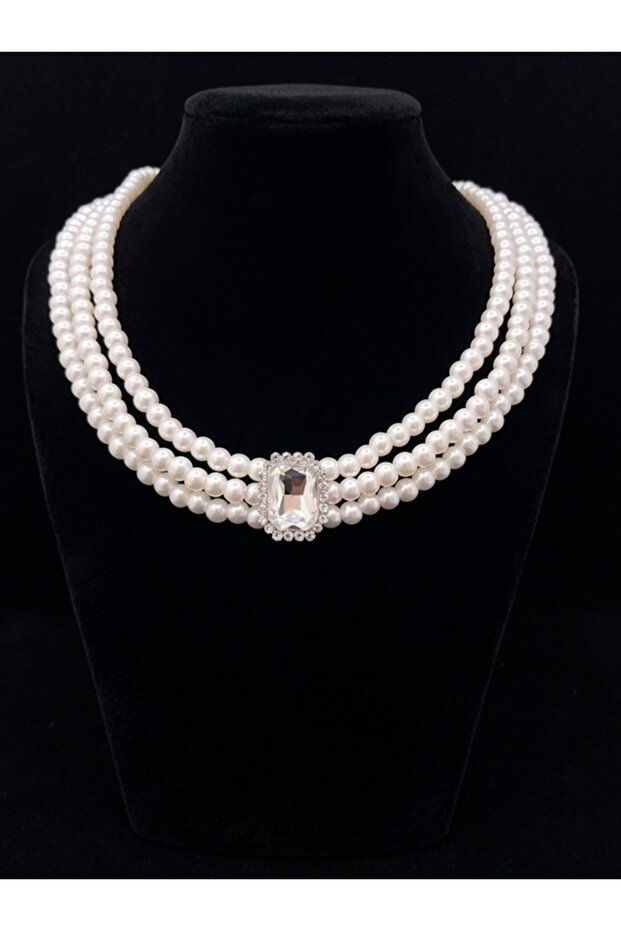 Women's 3 Row Majorca Pearl Rectangular Baguette Stone Wedding Dress, Wedding and Evening Choker