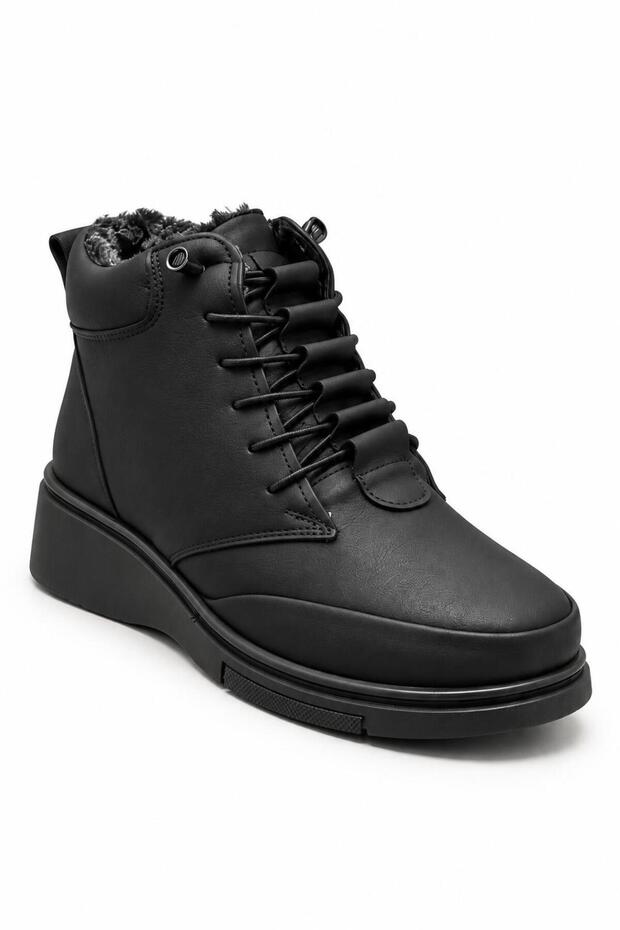 Chiara Black Nubuck Women's Fur Lined Smart Lace-Up Zippered Comfortable Mother's Shoes Boots