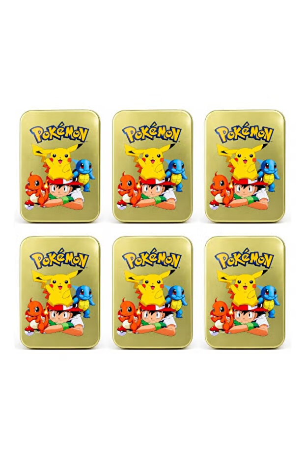 Pack of 6. Pokémon Pikachu Metal Storage Tin Box with Lid – Rectangular Golden Collectible Organizer for Cards, Toys, Candy & Small Accessories.