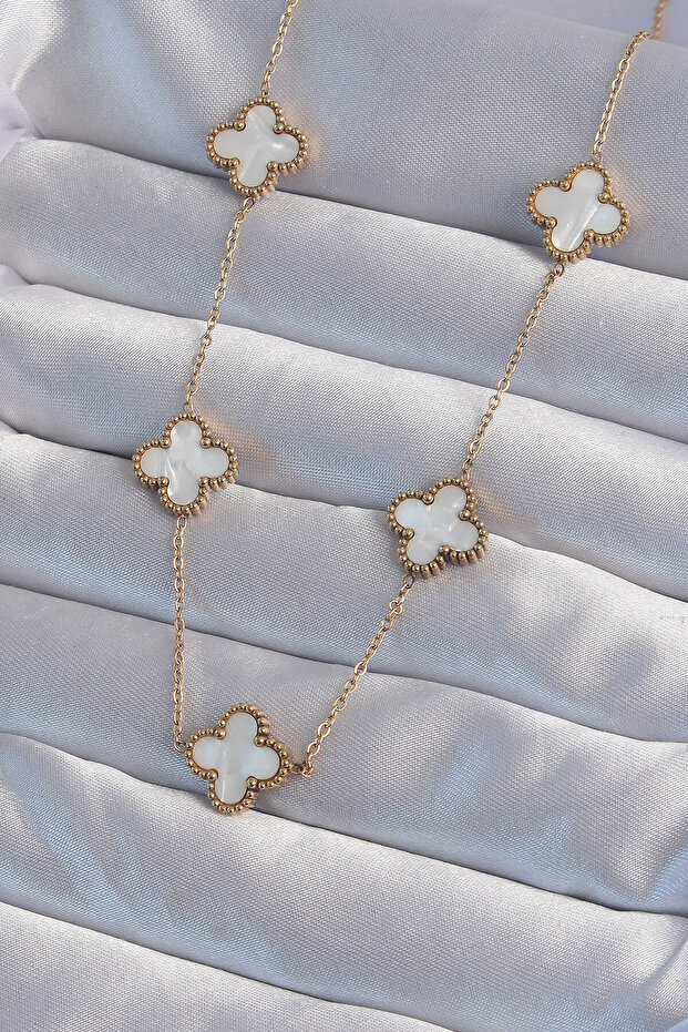 316L Steel Gold Color White Pearlescent Clover Necklace