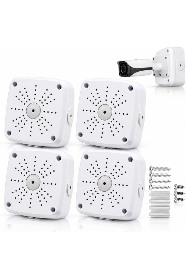 CCTV Camera Junction Box 4-Pack, Waterproof Security Camera Mounting Base, Cable Management Box for Bullet Cameras, CCTV Camera Wall Mount Bracket with Screws & Wall Plugs, (4-Pack White)