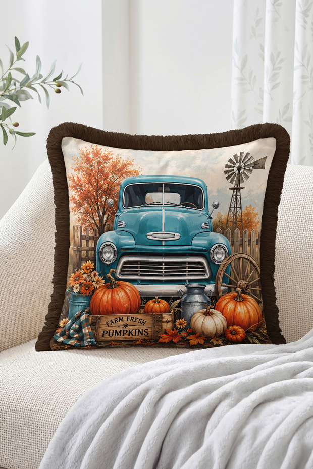 Vintage Pickup Truck, Pumpkin and Farm Pattern Fringe-Tassel Throw Pillow Cover