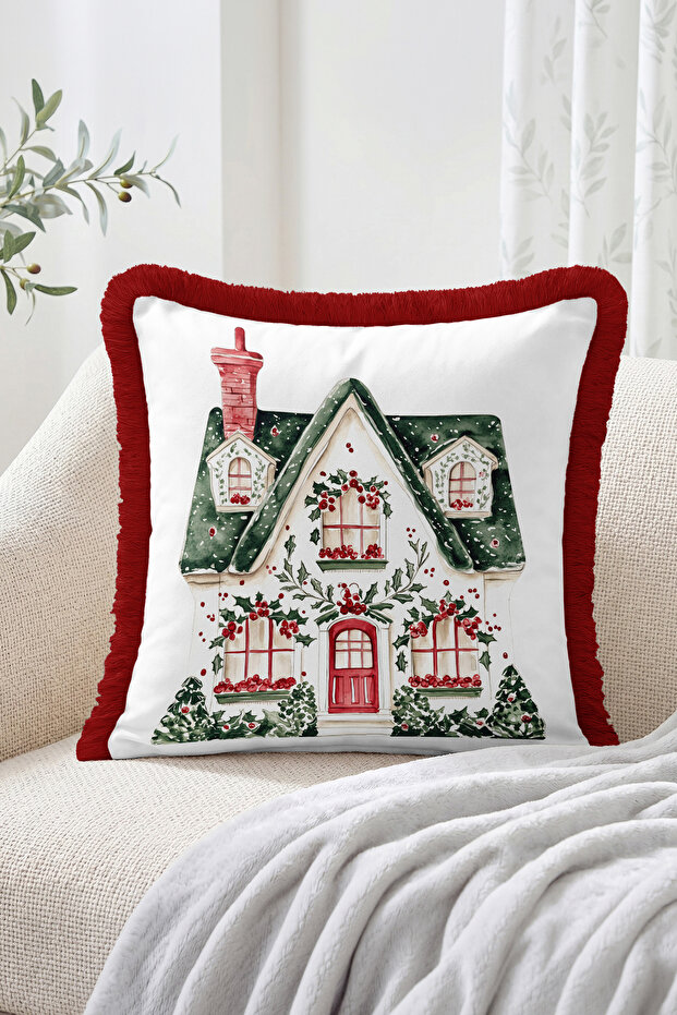 Red Fruit Christmas House Patterned Fringed-Tasseled Throw Pillow Cover