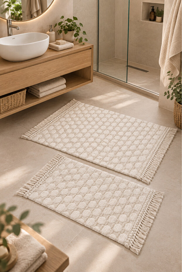 Stone 100% Cotton 2-Piece Bath Mat Set 60X90 cm - 40X60 cm Ecru