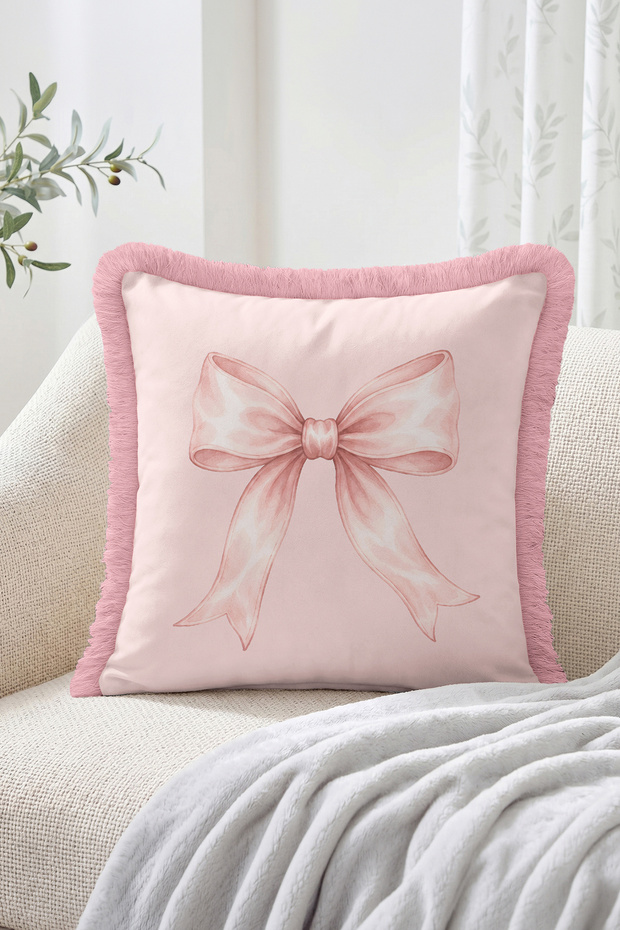Pink Bow Patterned Romantic Fringed-Tasseled Throw Pillow Cover