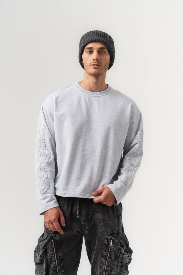 Ghost Sleeve Embroidery Detailed Crew Neck Men's Sweatshirt