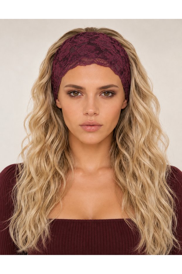 Burgundy Lace Hair Bandana 16 cm Floral Pattern Stylish Hair Band Women's Hair Accessory