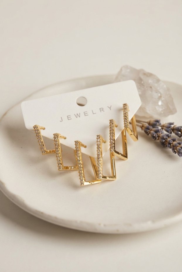 Gold Color Zircon Stone Brass Square Model Women's Earring Set