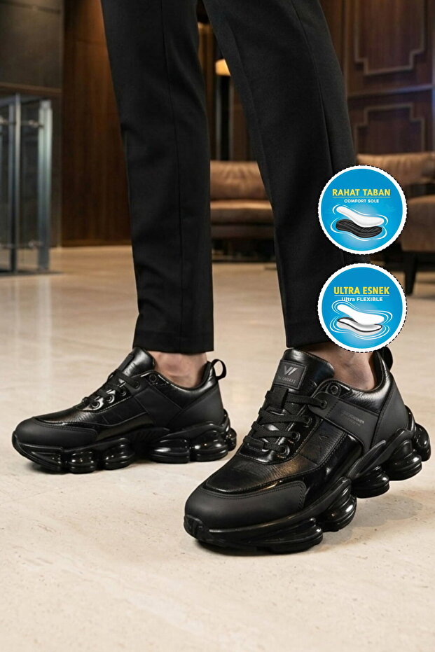 Black Lace-Up Thick Comfortable Sole Men's Casual Walking Shoes Sneaker Zenith