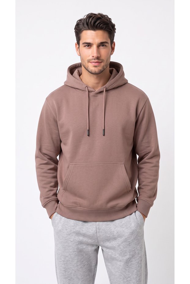 Men's Hooded Kangaroo Pocket 3 Thread Rastered Comfortable Fit Brown Sweatshirt