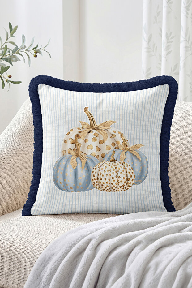 Decorative Pumpkin Figured Blue Striped Fringed-Tasseled Throw Pillow Cover