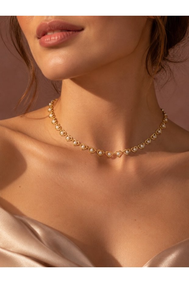 Pearl-Look Heart Chain Necklace Gold Color Minimal Choker Women's Necklace