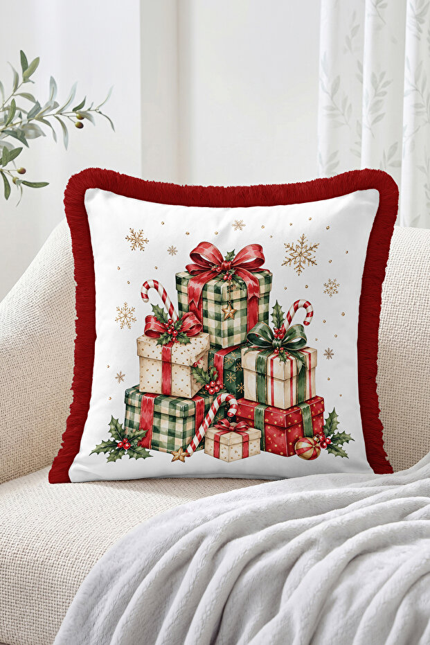 Christmas Gifts and Snowflakes Pattern Fringe-Tassel Throw Pillow Cover