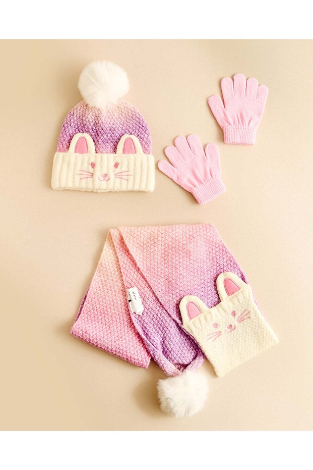 Girls Mauve Knitted Cap & Gloves Set