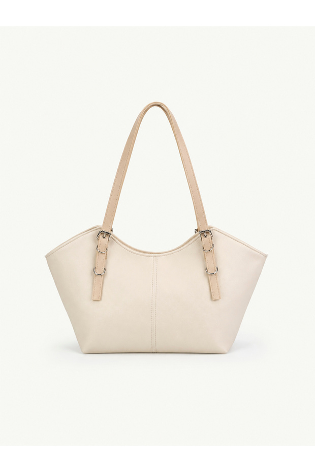 Cream Shk355 Large Volume, Buckle Detailed, Zippered, Adjustable Strap, Hand and Shoulder Bag