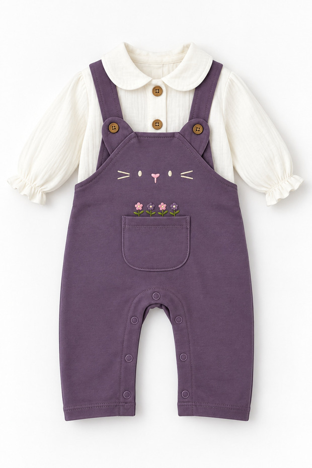 Baby Girl Floral Embroidered Salopet Jumpsuit and Shirt Set