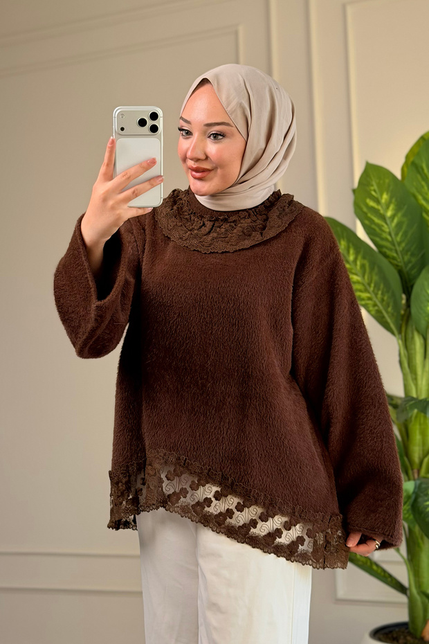 44447 - Stylish Comfortable Soft-Polyester Women's Knitwear Lace Detailed Long Sweater