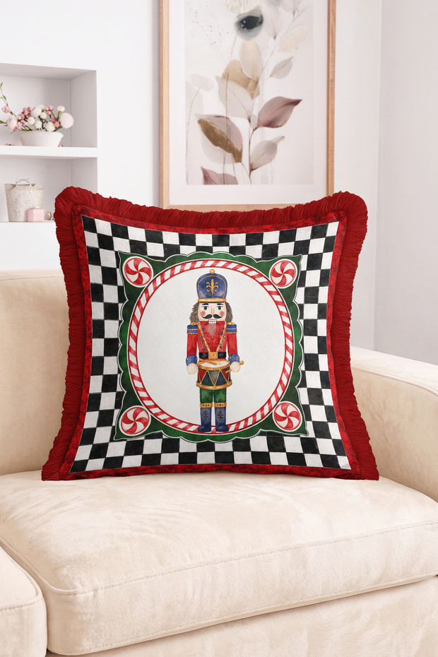 Classic Nutcracker Soldier Figured Red and Black and White Checkered Framed Fringed-Tasseled Throw Pillow Cushion