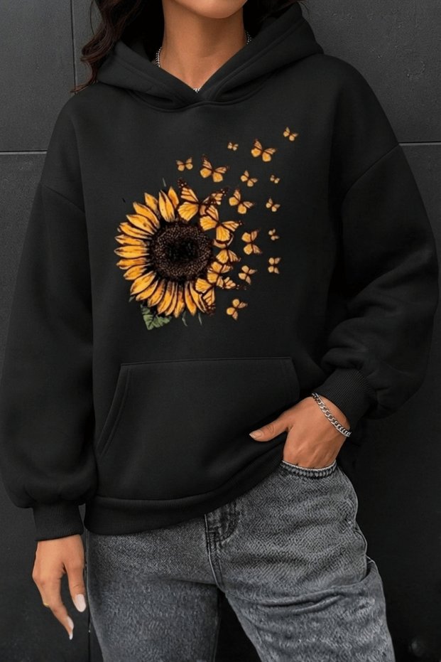 Women's Oversize Sweatshirt Hoodie with Sunflower Print in Black – Hooded, Kangaroo Pocket, 3 Thread Ribs