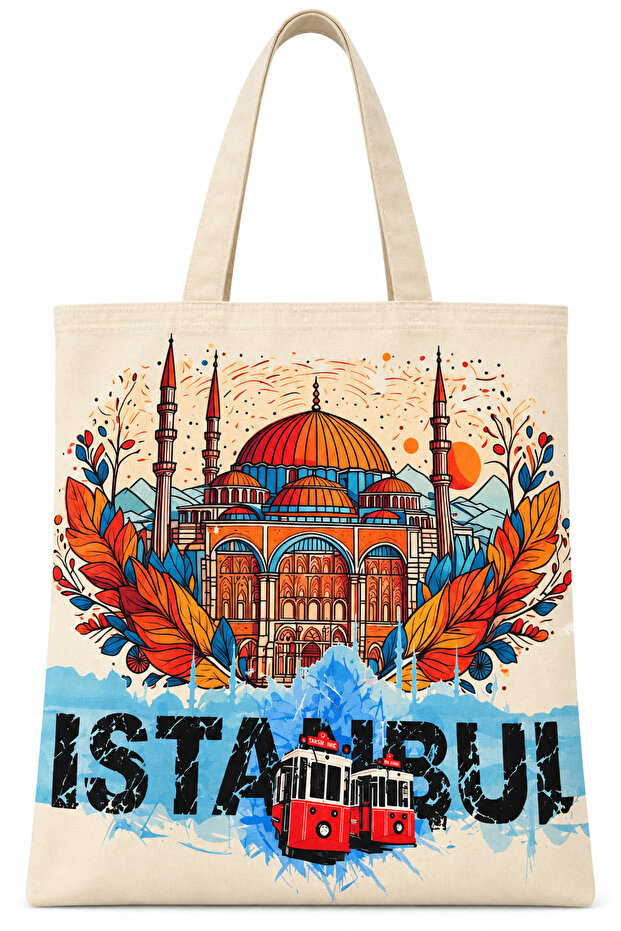 Mosque and Tram Theme Pattern Printed Cotton Tote Bag 35X40Cm -Bc8