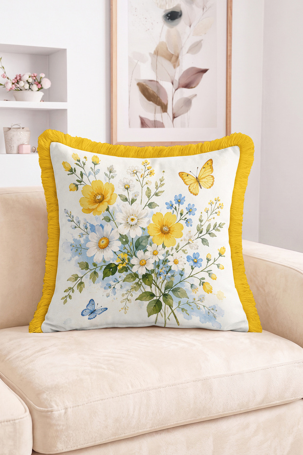 Botanical Floral and Butterfly Fringe-Tassel Throw Pillow Cover