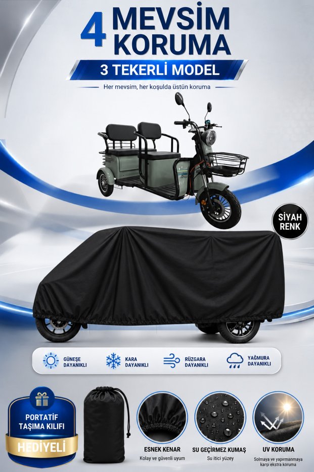 Kral Motor Sarin Compatible 3-Wheel Electric Vehicle Tarpaulin Black Waterproof Uv Protected 4 Season Motorcycle Tarpaulin