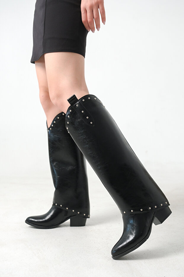 Black Patent Leather Women's Boots Cowboy Snap-On Gaiters Trok Detailed Western Boots