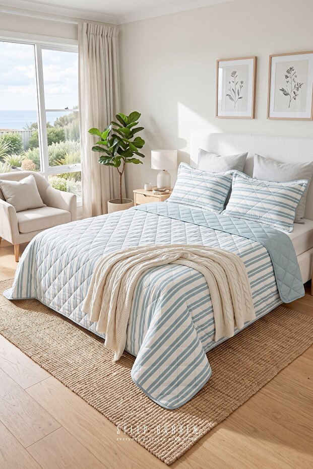 Mavlira Blue Striped Patterned Quilted Bedspread Double Size