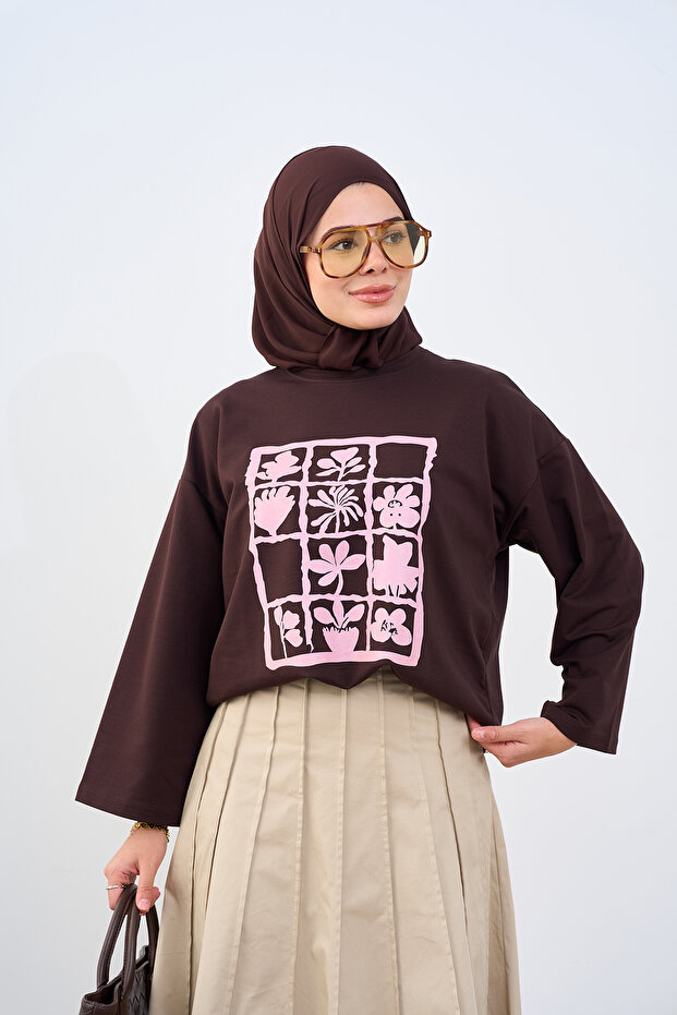 Women's Retro Floral Framed Long Sleeve Body Brown