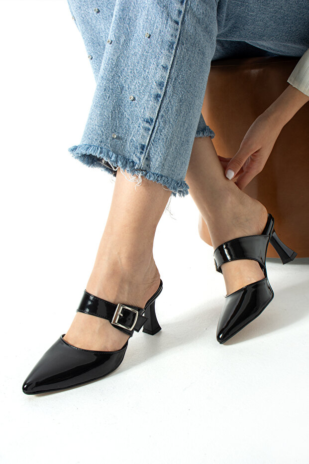 Ba04615 Women's Buckle-Closed Front Casual Evening Dress Shoes 8 cm Heeled Slippers