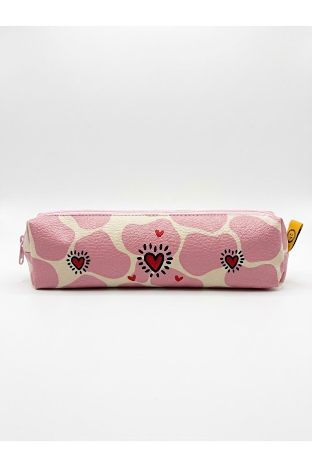 Pink Cow Pattern Red Heart Design Zippered Pen Holder - Single Compartment Pen Holder Pencil Case