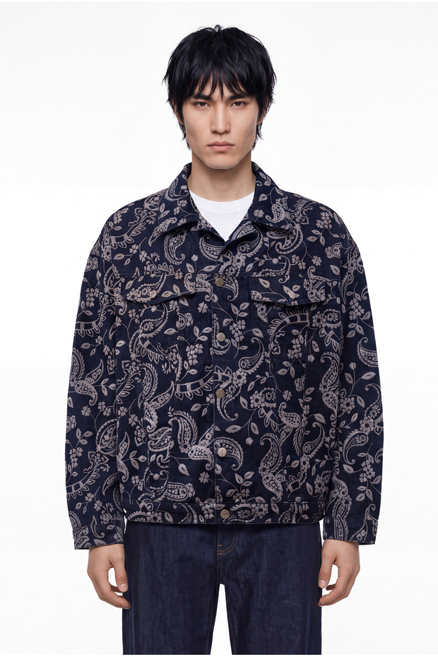 Men's Floral Printed Relax Fit Jean Jacket Navy Blue