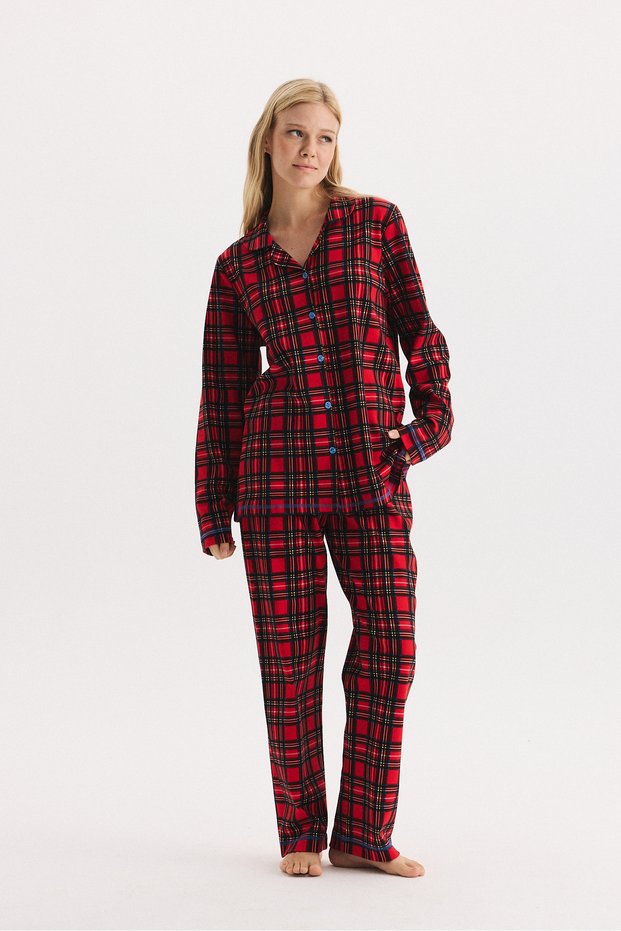 100% Cotton Fabric Long Sleeve Front Buttoned Shirt Collar Pajama Set 27324