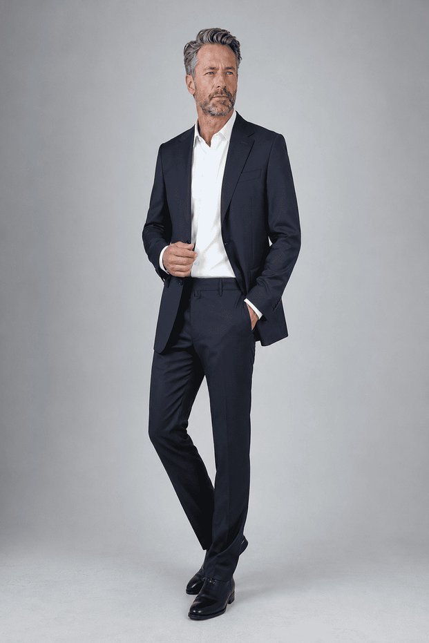 Navy Blue Wool Mono Collar Double Slit Suit