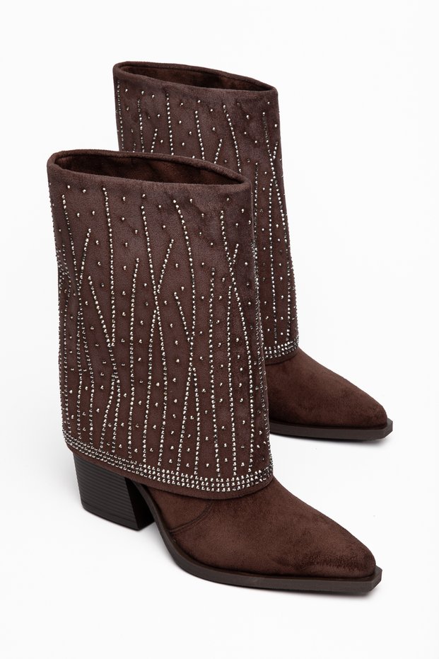 Women's Cowboy Boots Pointed Toe Stone Detailed Thick Heel Western Boots
